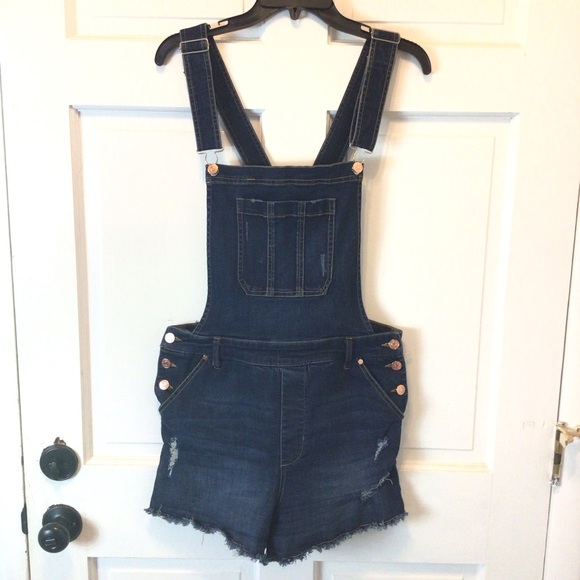 Celebrity Pink Juniors Dark Wash Stretch Denim Shortalls Size Large - Picture 2 of 9